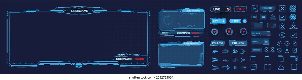 Digital Frame Technology UI,UX Futuristic HUD, FUI, Virtual Interface. A Design Template For A Set Of Frames , Buttons, And Overlay Cursors For Game Streaming. Futuristic Info Boxes Layout Templates.