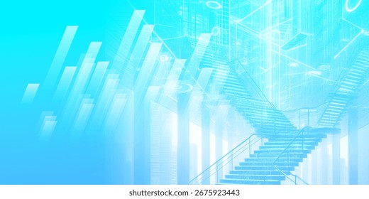Digital future: This image seamlessly blends financial growth with advanced technology. It features ascending bar graphs and a modern staircase, symbolizing progress, innovation, and interconnected da
