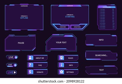 Digital Futuristic Ui Panels And Buttons, Game Live Stream. Neon HUD Frames, Leaderboard, Menu And Bars For Video Streaming Show  Set. High Tech Interface Or Display Isolated Elements