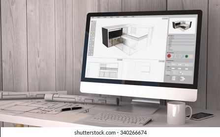 Digital Generated Architect Workplace With Plots And Computer With Architecture Software On Screen. All Graphics Are Made Up.