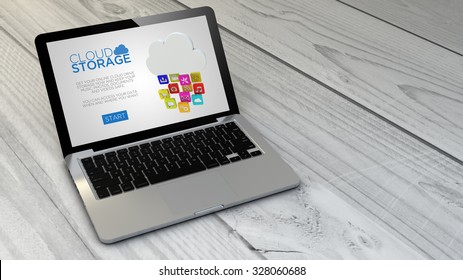 digital generated cloud online storage computer over wooden table with copyspace. Screen graphics are made up.