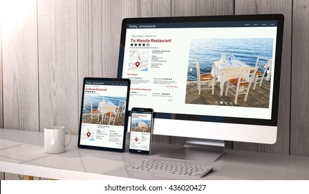 Digital Generated Devices On Desktop, Responsive Blank Mock-up With Online Directory Website  On Screen. All Screen Graphics Are Made Up. 3d Rendering.