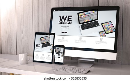Digital generated devices on desktop, responsive  website design on screen. All screen graphics are made up. 3d rendering.