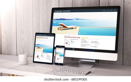 Digital generated devices on desktop, responsive luxury escapes website design on screen. All screen graphics are made up. 3d rendering.