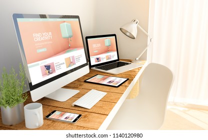 Digital Generated Devices Over A Wooden Table With Cretivity Tutorials Website All Screen Graphics Are Made Up. 3d Rendering