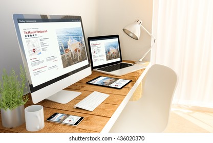 Digital Generated Devices Over A Wooden Table With Online Directory Responsive Concept. All Screen Graphics Are Made Up. 3d Rendering.