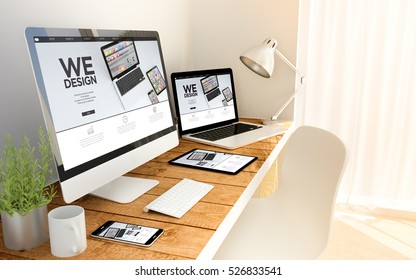Digital generated devices over a wooden table with design responsive concept. All screen graphics are made up. 3d rendering