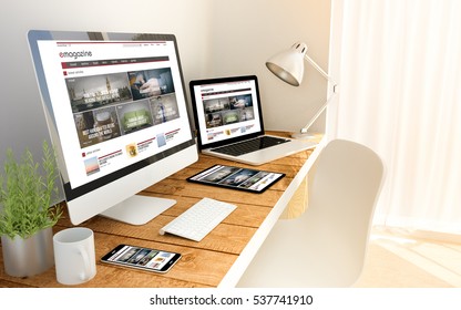 Digital generated devices over a wooden table with blog magazine responsive concept. All screen graphics are made up.  3d rendering