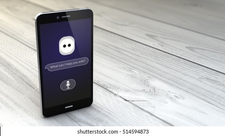 digital generated smartphone with intelligent personal assistant app over white wooden background. All screen graphics are made up. 3d rendering.