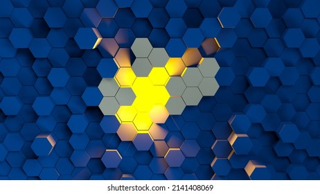 Digital Generated Technology Hexagon Background.Glossy Textured Blue Hexagons With Yellow Glow.Modern Futuristic Background 3d Illustration. Pattern Hexagon Background Abstract And Geometric Wallpaper