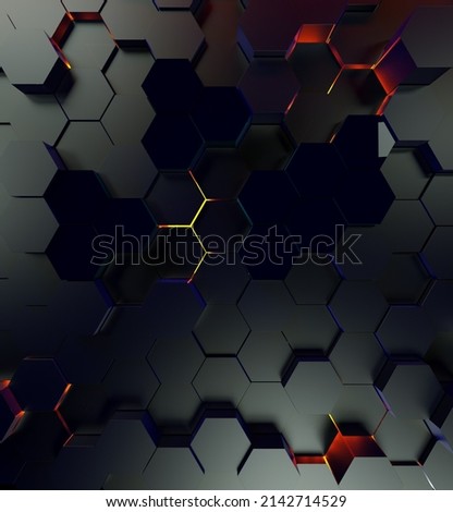 Digital generated technology hexagon background.Glossy textured blac hexagons with yellow glow.Modern futuristic background 3d illustration. Pattern hexagon background abstract and geometric wallpaper