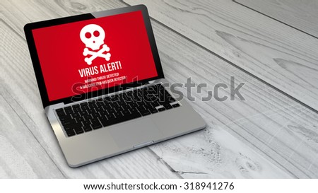 digital generated  virus computer over wooden table. Screen graphics are made up.