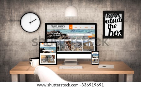 digital generated workplace desktop with  digital tablet, computer, laptop and various office objects travel agency website on screen. All screen graphics are made up.