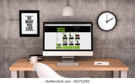 digital generated workspace desktop with outlet shop website on screen computer. All screen graphics are made up. 3D generated. - Powered by Shutterstock - Get 15% off with code: PIKWIZARD15