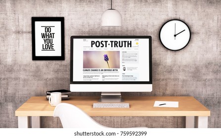 digital generated workspace desktop with post truth on screen computer. All screen graphics are made up. 3d rendering.