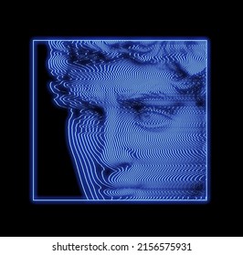 Digital glitch art illustration of classical sculpture eyes and face close up from 3D rendering in oscilloscope blue lines on black background in the style of old CRT TVs and VHS