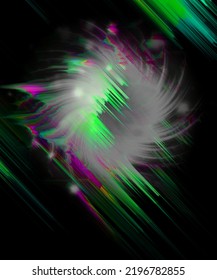 Digital Glitch And Movement Cosmos Shape With Wind Error Effect On Dusty Dark Background. Fantastic Neon Fluid And Speed Green Pink Beams. Retro Futurism, Web Punk, Rave Techno Christmas Layout	