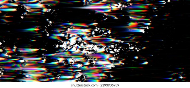 Digital Glitch And Movement Cosmos Stars With Wind Error Effect On Dusty Dark Background. Fantastic Neon Fluid And Speed Beams. Retro Futurism, Web Punk, Rave DJ Techno Aesthetic Christmas Layout	