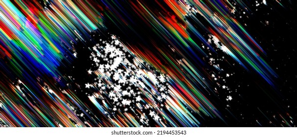 Digital Glitch And Movement Cosmos Stars With Wind Error Effect On Dusty Dark Background. Fantastic Neon Fluid And Speed Beams. Retro Futurism, Web Punk, Rave DJ Techno Aesthetic Christmas Layout	
