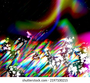 Digital Glitch And Movement Cosmos Stars With Wind Nebula Sky Effect On Dark Background. Fantastic Neon Fluid And Speed Beams. Retro Futurism, Web Punk, Rave DJ Techno Aesthetic Christmas Layout	