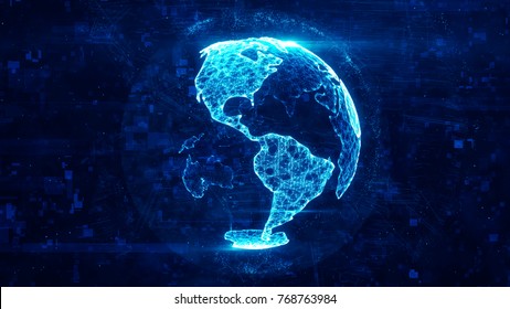 Digital Globe Made Of Plexus Bright Glowing Lines. Detailed Virtual Planet Earth. Technology Structure Of Connected Lines, Dots And Particles Forming World. North And South America. 3d Rendering