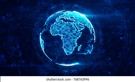 Digital Globe Made Of Plexus Bright Glowing Lines. Detailed Virtual Planet Earth. Technology Structure Of Connected Lines, Dots And Particles Forming World. Africa Continent. 3d Rendering