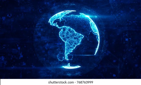 Digital Globe Made Of Plexus Bright Glowing Lines. Detailed Virtual Planet Earth. Technology Structure Of Connected Lines, Dots And Particles Forming World. South America Continent. 3d Rendering