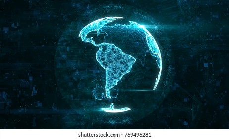 Digital Globe Made Of Plexus Bright Glowing Lines. Detailed Virtual Planet Earth. Technology Structure Of Connected Lines, Dots And Particles Forming World. South America Continent. 3d Rendering