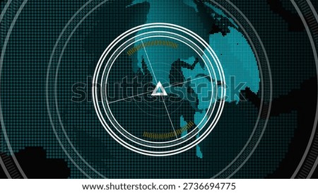 Digital Globe Overlayed on Radar Interface with Concentric Circles and Pixelated Continents animated
