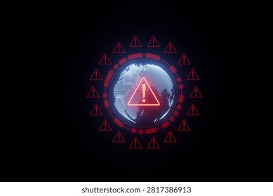 A digital globe is surrounded by red warning symbols, indicating a cybersecurity alert. This scene highlights the importance of vigilance in protecting information in today's digital world.