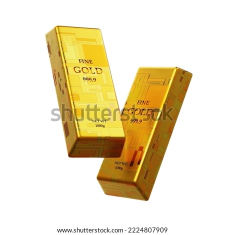 Digital gold bar with sci fi material on isolated white background. Business investment and economy concept. 3D illustration rendering