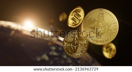 Digital gold money bitcoin and popular crypto currency tokens coins, floating in space global worldwide financial market virtual digital cash concept, bitcoin ethereum solana 3D illustration banner Сток-фото © 