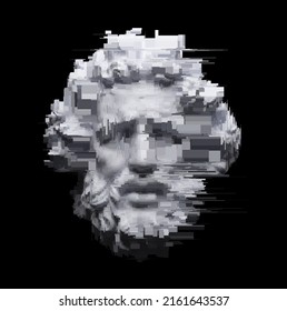 Digital grayscale illustration from 3D rendering in rectangle pixel glitch corrupted graphics style of white marble classical head sculpture of bearded old man and isolated on black background.