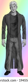 Digital grayscale illustration standing man and trench coat  and rainbow background