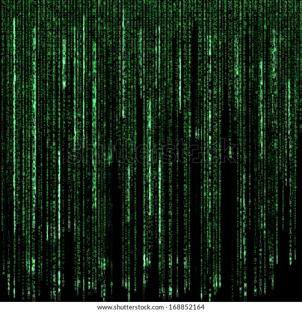 黒い背景にデジタルの緑の数字と文字をコードレインとして表示 のイラスト素材