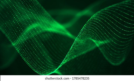 Digital Green Wave Background Of Particles. Abstract Futuristic Dynamic Background. Big Data Visualization. 3D Rendering