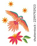 Digital hand draw macaw and tropical flowers, isolated macaw, fly macaw