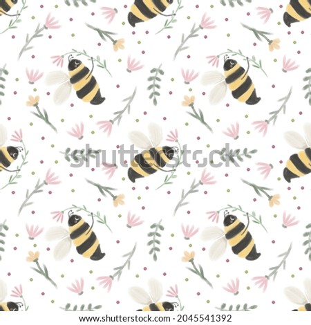 Digital hand drawn seamless pattern with bees and flowers.