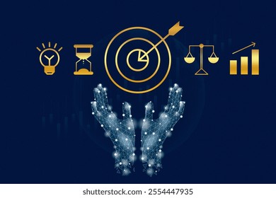 Digital hand holding target and investment icons, Profit, Money saving, Strategy and planning concept - Powered by Shutterstock