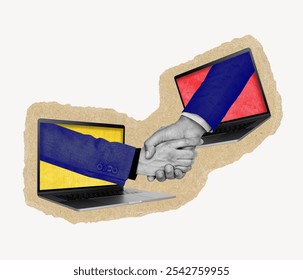 A digital handshake between two laptops symbolizes collaboration. This graphic illustrates partnership and connection, showcasing unity through technology and communication. - Powered by Shutterstock