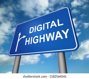 Digital Highway Sign Virtual Roadway 3d Illustration Shows Website Traffic Or The Urban Infrastructure Expressway