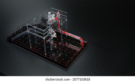 Digital Hologram Of Hi Tech Artifical Lift Oil Machine With Shiny Glass And Valves. Metaphor For Data Is The New Oil, Data Mining Digital Industry AI 3d Rendered Illustration