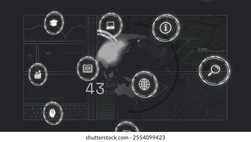 Digital icons and data processing over world map and charts image. Technology, innovation, global, analytics, big data, futuristic - Powered by Shutterstock