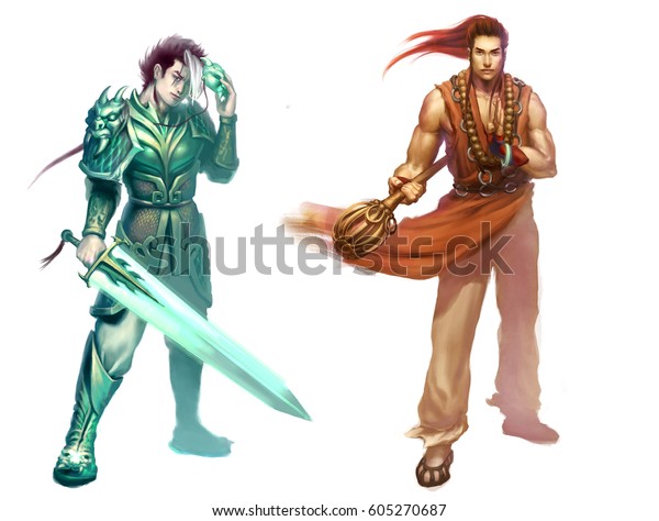 伝統的な甲冑を着た男性のフルフィギュアと ゲームキャラクター用の中国風の大剣と武器を持つ僧衣のデジタルイラスト のイラスト素材