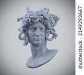 Digital illustration from 3D rendering of snake hair Medusa white marble classical head bust on a pedestal isolated on background.