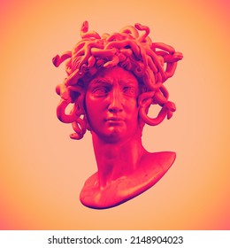 Digital Illustration From 3D Rendering Of Snake Hair Medusa White Marble Classical Head Bust On A Pedestal Isolated On Background In Orange And Blue Vaporwave Style Colors.