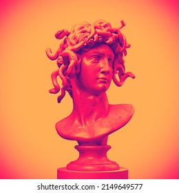 Digital Illustration From 3D Rendering Of Snake Hair Medusa Marble Classical Head Bust On A Pedestal Isolated On Background In Orange And Blue Vaporwave Style Colors.