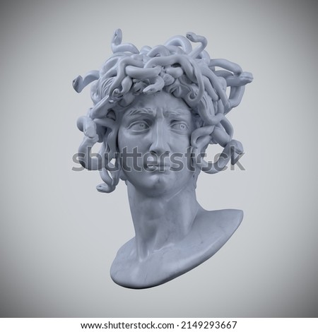 Digital illustration from 3D rendering of snake hair Medusa white marble classical head bust on a pedestal isolated on background.