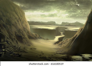 digital illustration of abandoned desert land canyon landscape view environment
