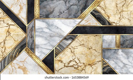 digital illustration, abstract art deco background, modern mosaic inlay, texture of marble agate and gold minimal geometric pattern, artificial stone, marbled tile, luxury fashion marbling design